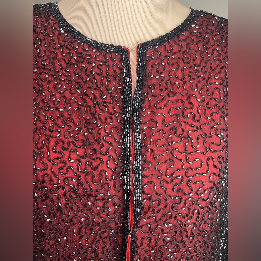 Vintage Laurence Kazar 80s 90s Sequin Silk Beaded Gatsby Evening Blazer Jacket - Picture 5 of 11